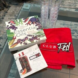 Young Living Club Red Towel and Essential Oils Book Set with shot glasses